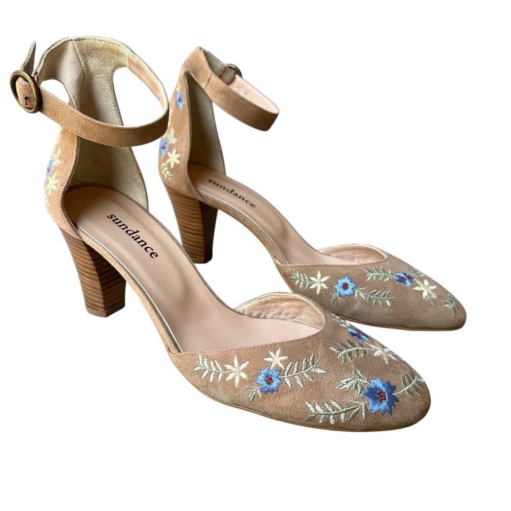 Sundance Melina Suede Heels Strap Women's Size 9-9.5 US 40 EU Embroidered Flower